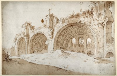 コンスタンティヌスとマクセンティウスのバシリカ」（白紙に茶色のウォッシュをかけたペンと茶色のインク