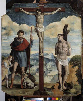 聖ロックと聖セバスチャンの磔刑（木に油彩）