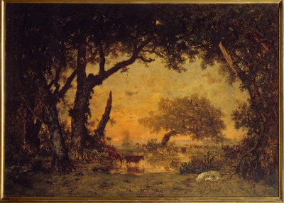全国宅配無料 フォンテーヌブローの森の出口、夕日 テオドール・ルソー（1812 版画