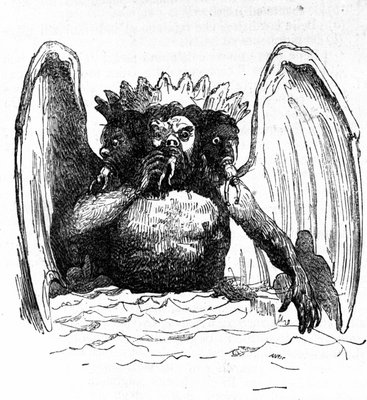 ダンテの地獄でルシファーが呪われた者たちを貪る様子を表現したもの。