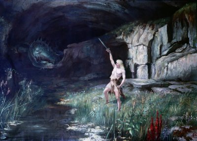 竜のファフナーと対峙したジークフリートが剣を振るっている。リヒャルト・ワーグナー（1813〜1883）のオペラ「ニーベルングの指輪」の舞台。絵画。