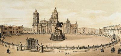 メキシコ・シティのソカロ広場と大聖堂の眺め 19世紀後半のリトグラフ