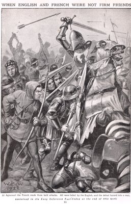 フランス語と英語がアジャンクールで戦ったときのイラスト「ニューネスピクトリアルブックオブナレッジ」、1920年頃                                    アート作品の設定をする