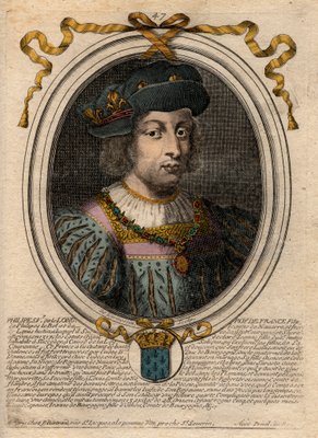 フランス王フィリップ5世（1294-1322）の肖像 - フィリップ5世（1294-1322）「背の高い人」 -  パリの「ファラモンからルイ14世までのフランスの全王のアウグスト表象図」からのエングレーヴィング