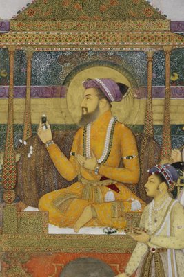 ピーコック王座の皇帝シャージャハーンの詳細、1640年（不透明なトイレと紙に金色）                                    アート作品の構成
