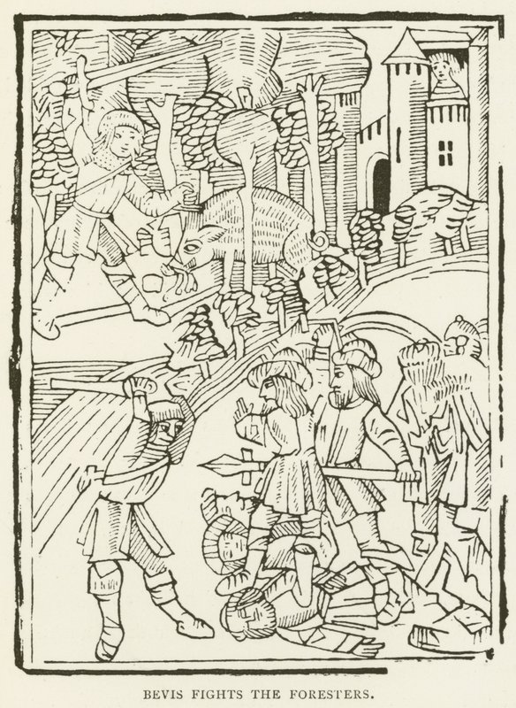 森人と戦うビーヴィス（版画 作： （後）英語学校