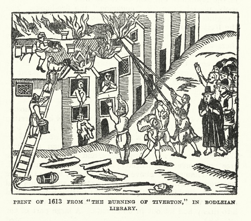 1613年、ボドリアン図書館所蔵の「The Burning of Tiverton」の版画（リトグラフ）。 作： （後）英語学校