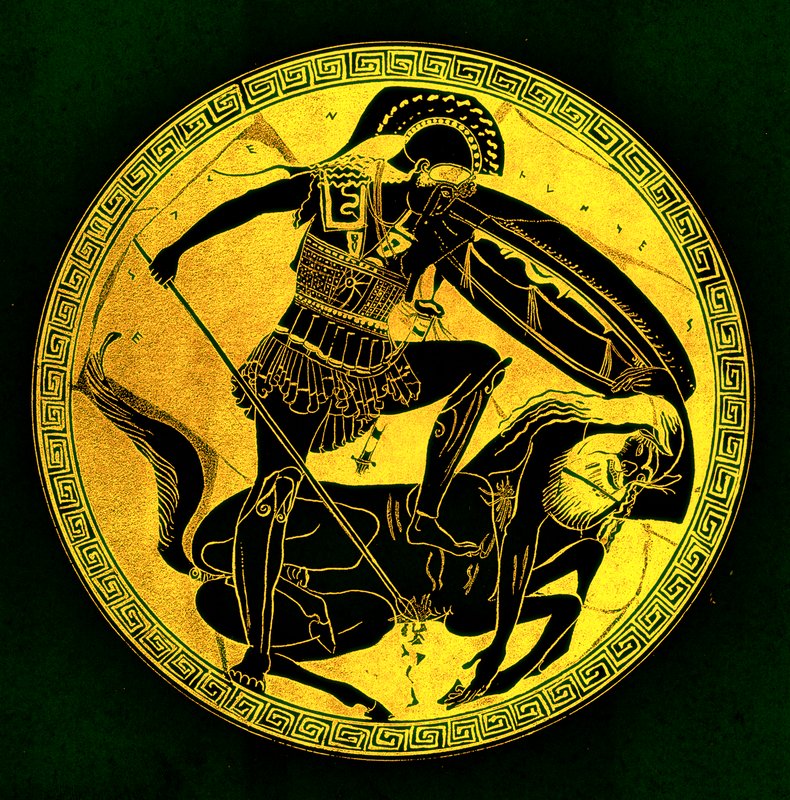 戦士とケンタウロス（J. E. Harrison and D. S. MacColl著『Greek Vase Paintings』（1894年刊）の挿絵）。 作： （後）英語学校