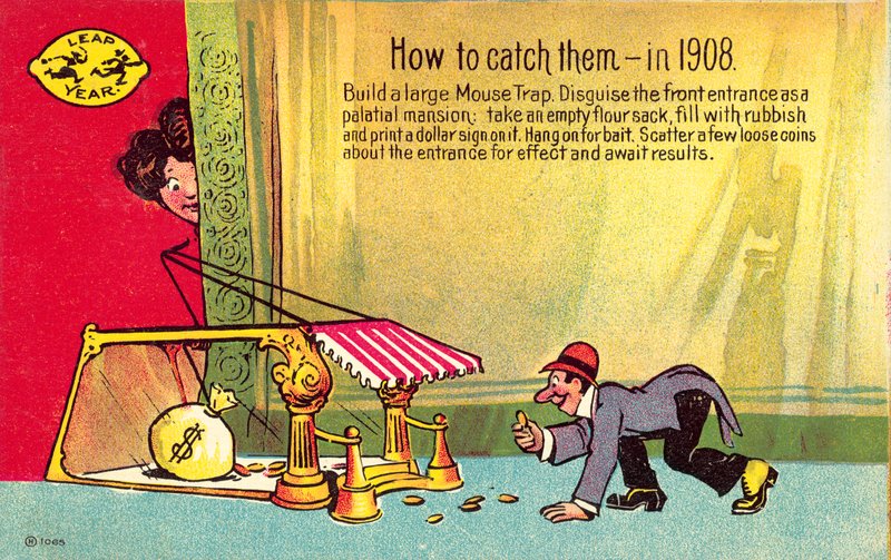 うるう年、1908年の捕獲方法を描いたポストカード 作： アメリカの学校