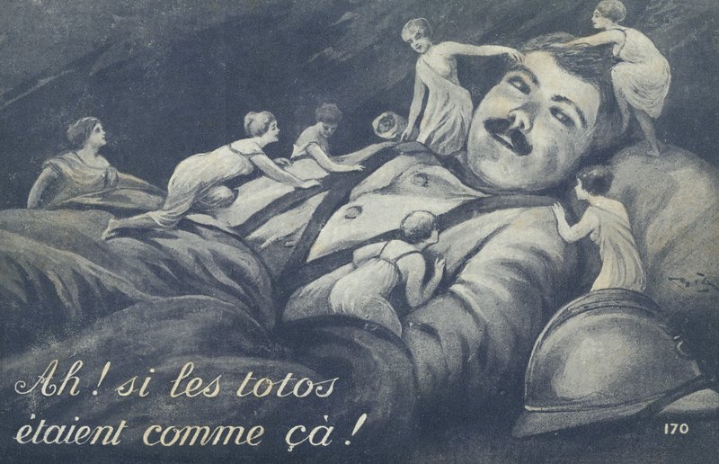兵士の上に登る小さな女性 作： フランス語学校