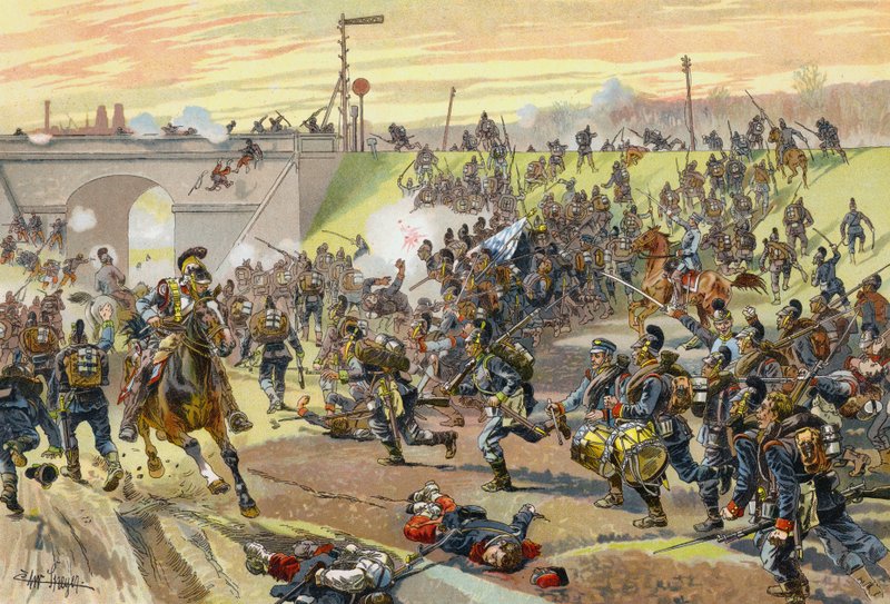 1870年10月11日、プロイセン戦争、オルレアン郊外の鉄道堤防を襲撃した最初のバイエルン軍団 作： ドイツ語学校