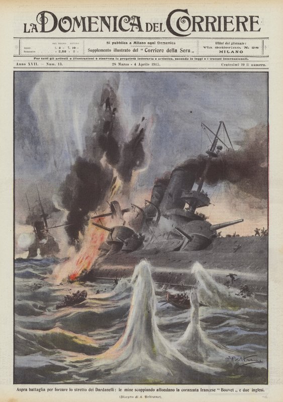 ダーダネル海峡を強制する激しい戦い、破裂した鉱山が戦艦を沈めますか？ 作： アキレ・ベルトラーメ