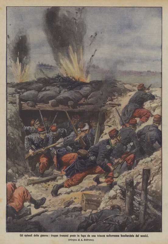 戦争のエピソード、フランス軍は敵によって爆撃された地面の塹壕から逃げる 作： アキレ・ベルトラーメ