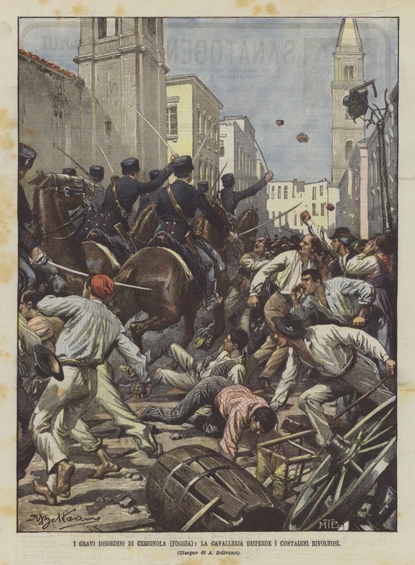 Cerignola（Foggia）の深刻な障害、騎兵隊は反乱農民を追い払う 作： アキレ・ベルトラーメ