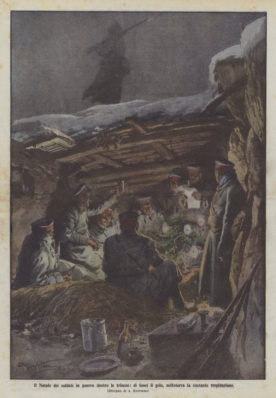 塹壕の中、霜の外、戦争の兵士のクリスマス、地下の絶え間ない恐怖 作： アキレ・ベルトラーメ