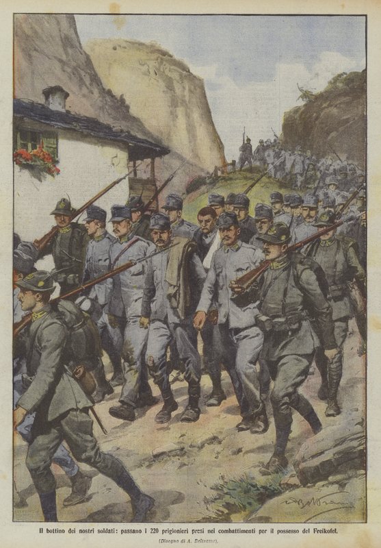 兵士の戦利品は、フライコフェルの所持のための戦いで捕らえられた220人の囚人を通過します 作： アキレ・ベルトラーメ