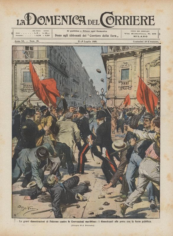 海上条約に反対するパレルモの深刻なデモ、公衆軍と闘うデモ参加者 作： アキレ・ベルトラーメ