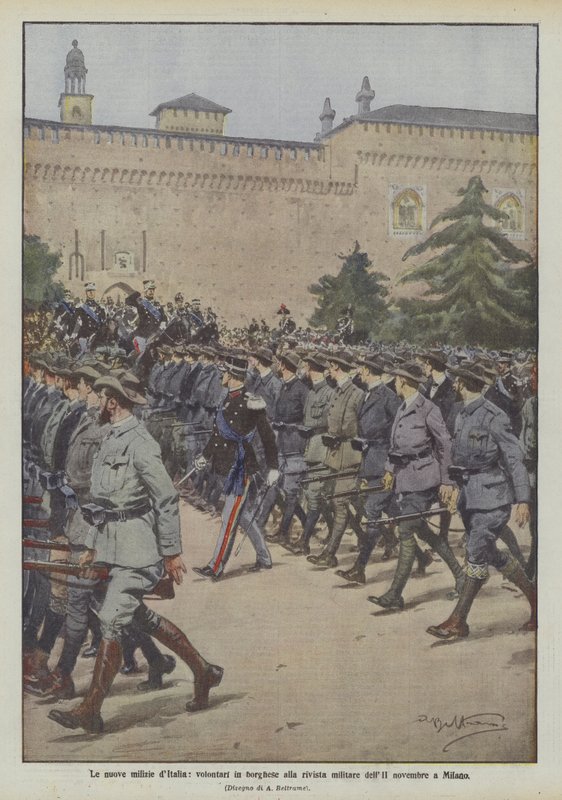11月2日の軍事雑誌でミラノで新しいイタリアの民兵、私服のボランティア 作： アキレ・ベルトラーメ
