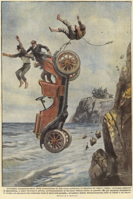 車が海岸沿いの道を離れる際に落下する人々 作： アキレ・ベルトラーメ