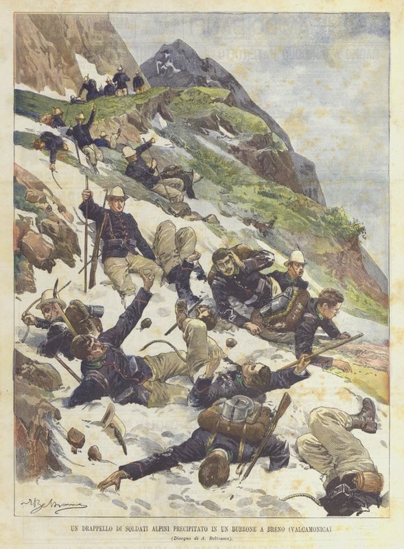 ブレノ（バルカモニカ）の渓谷に突入した高山の兵士のドラペロ 作： アキレ・ベルトラーメ