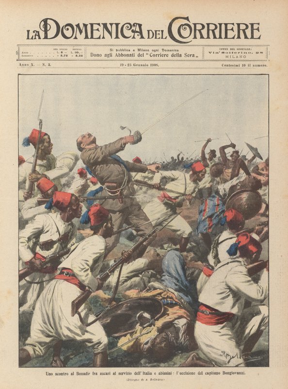 ベナディールでのイタリア軍のアスカリとアビシニアンの衝突、ボンジョヴァンニ船長のイルミネーション 作： アキレ・ベルトラーメ
