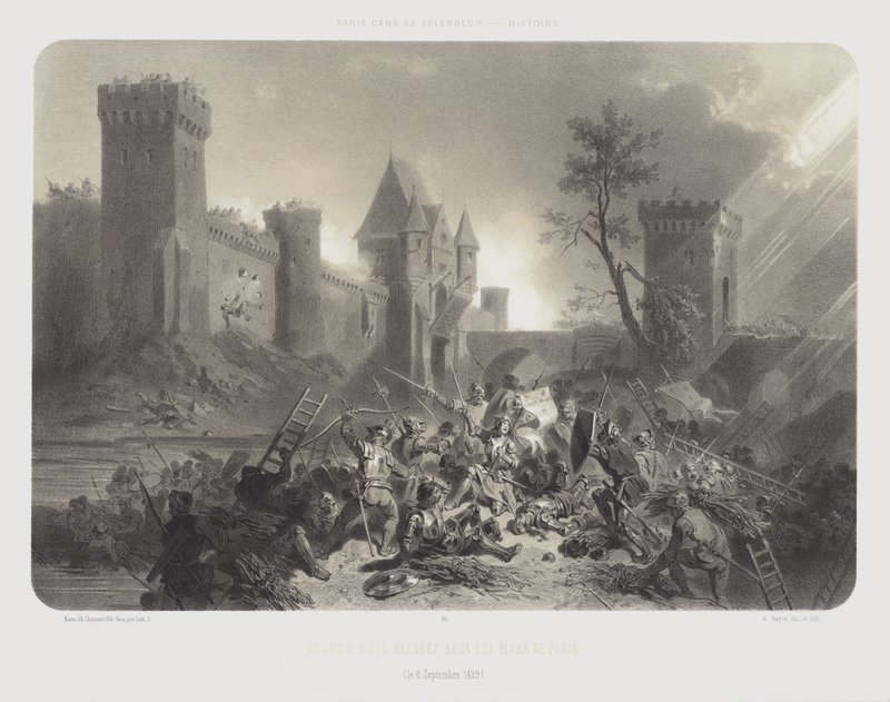 1429年9月8日、パリの城壁の前で負傷したジョーン・オブ・アーク（リトグラフ 作： Adolphe Jean-Baptiste（後）Bayot