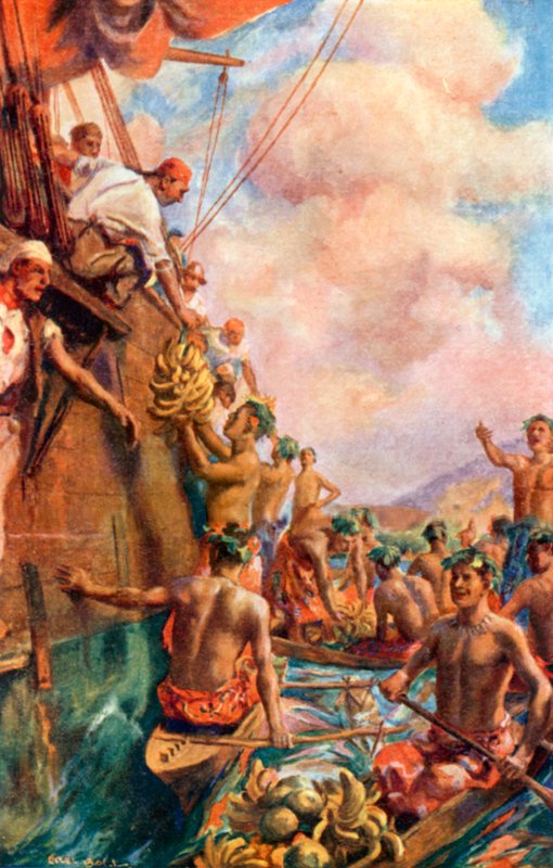 キャプテン・クックのタヒチ到着（カラーリトグラフ） 作： アレックボール