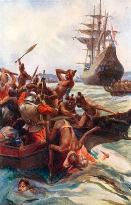 ニュージーランド沖で原住民に襲われるタスマン一行（カラーリトグラフ） 作： アレックボール