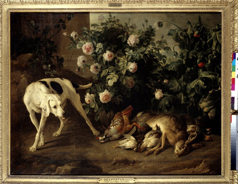 バラの茂みの近くでゲームをする犬 フランソワ・デスポータス（1661