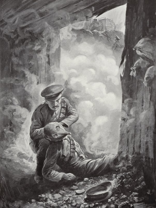 1915年10月11日、ガス砲の爆発に続いてジョンレインズ軍曹がエアーズ軍曹にスモークヘルメットをかぶった 作： アルフレッド・パース