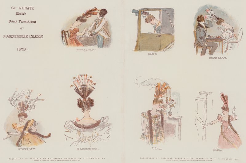 女性のヘッドドレスオブザイヤー1828（chromolitho）でファッションを彩るように設計されたオリジナルの水彩画のファクシミリ 作： アルフレッド・エドワード・シャロン