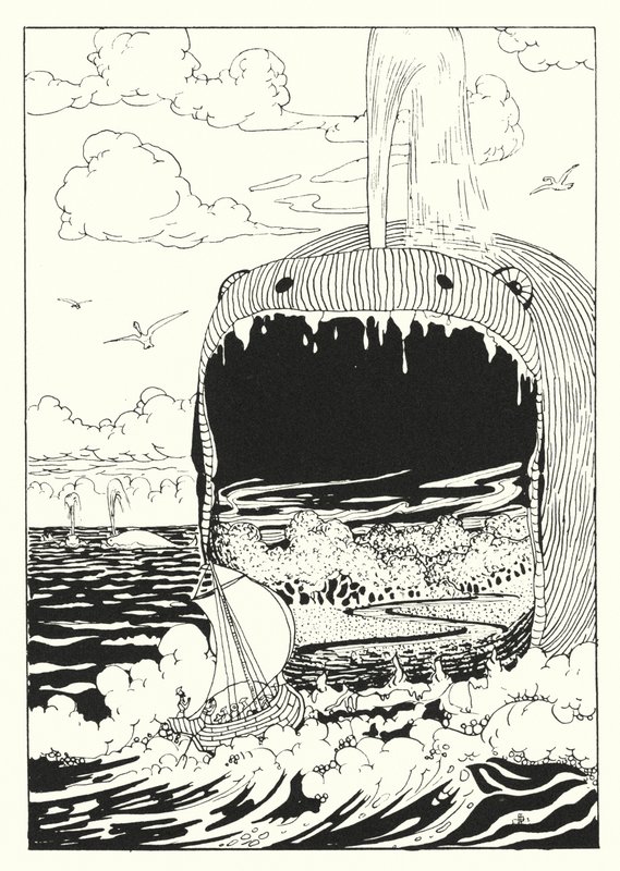 ルシアンの真実の歴史クジラに飲み込まれた船（エングレーヴィング） 作： アルフレッド・ペイン・ガーネット