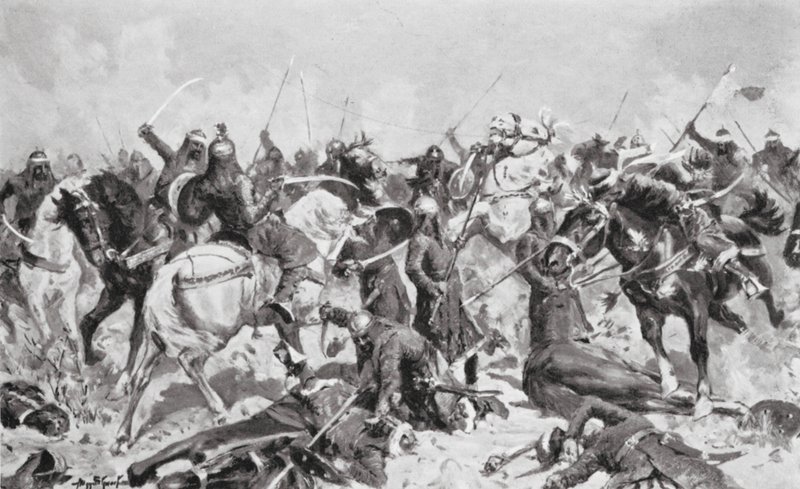 西暦1192年、ムハンマドに対するラージプートの最後の抵抗（リトグラフ） 作： アラン・スチュワート
