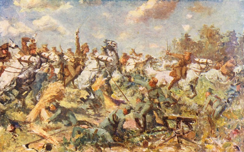 第1次世界大戦：1914年8月、スコッツ・グリーズの突撃（カラーリトグラフ） 作： アラン・スチュワート