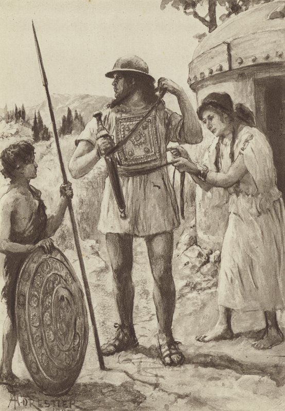 青銅器時代のイタリック人の農民が戦いのために武装している様子（リトグラフ 作： アメディ（後）フォレスティア