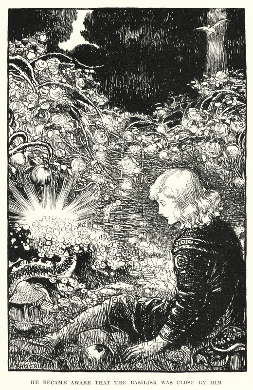 バジリスクが自分の近くにいることに気づいた。 作： アメリア M. (attr.to) Bowerley または Bauerle