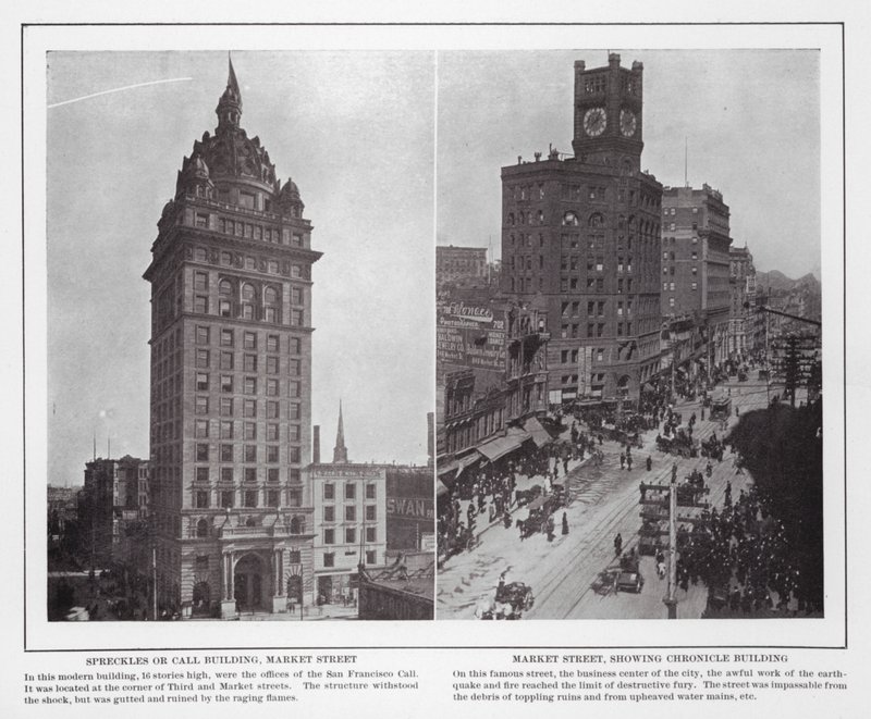 サンフランシスコMarket StreetのSpreckles or Call Building; Market Street, showing Chronicle Building (b/w photo) 作： アメリカの写真家（後）