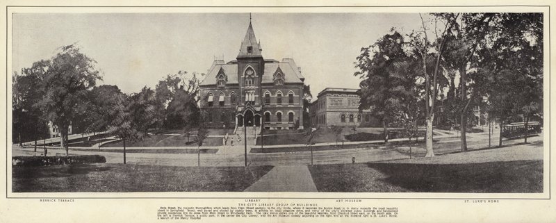 マサチューセッツ州スプリングフィールドの市立図書館の建物群（モノクロ写真 作： アメリカの写真家（後）
