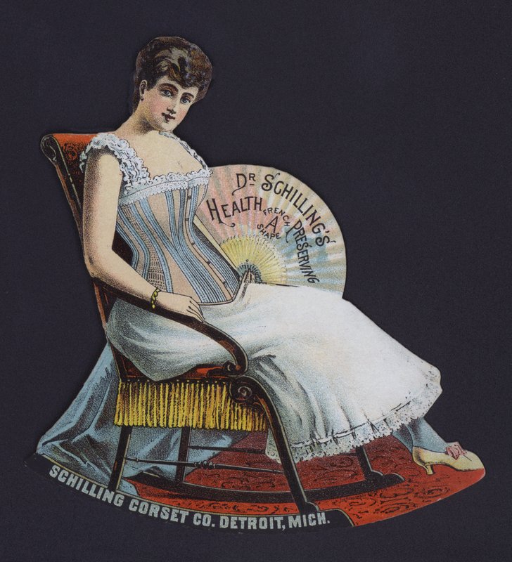 アメリカ・ミシガン州デトロイトのSchilling Corset Companyの広告（カラーリトグラフ 作： アメリカの学校