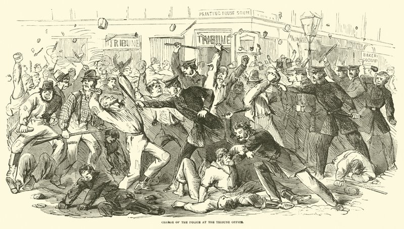 1863年7月、トリビューンオフィスでの警察の告発 作： アメリカの学校