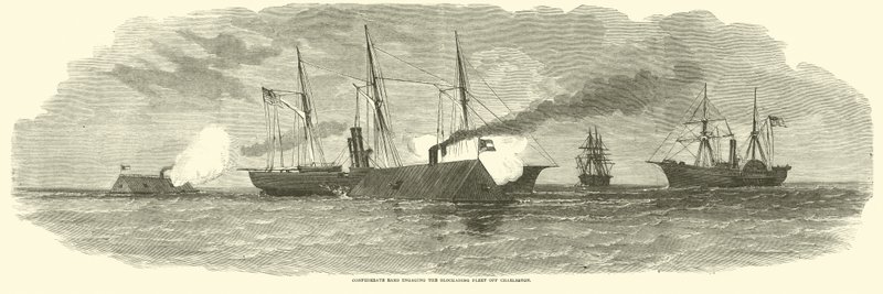 1863年1月、チャールストン沖の封鎖艦隊と交戦している南軍のラム 作： アメリカの学校