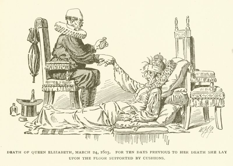 エリザベス女王の死、1603年3月24日、彼女の死の10日前に、彼女はクッションが支えている床に横になった 作： アメリカの学校