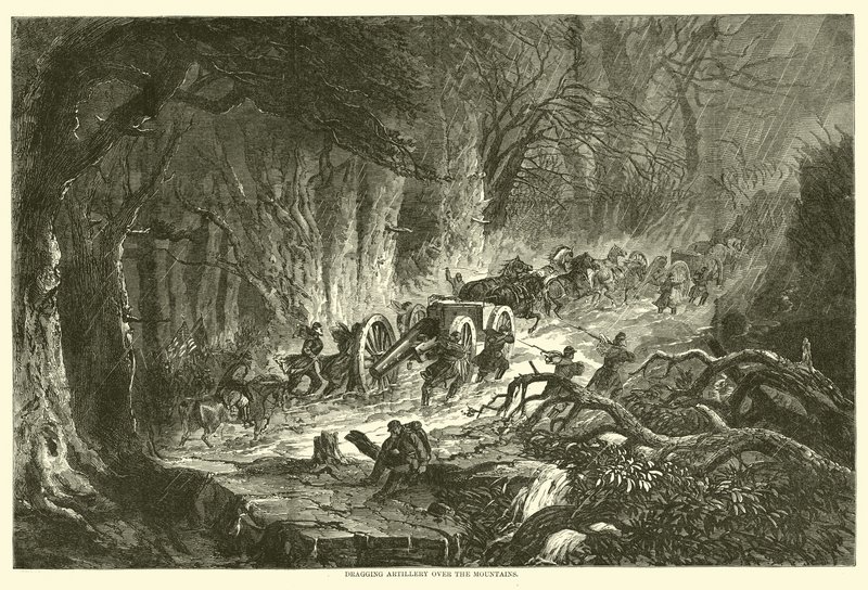 1863年8月、山を越えて砲兵を引きずる 作： アメリカの学校