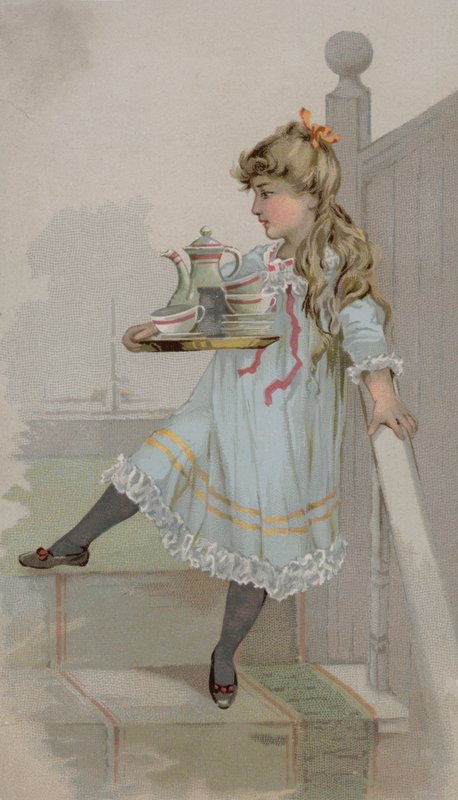トレイにコーヒーのポットを運ぶ少女 作： アメリカの学校