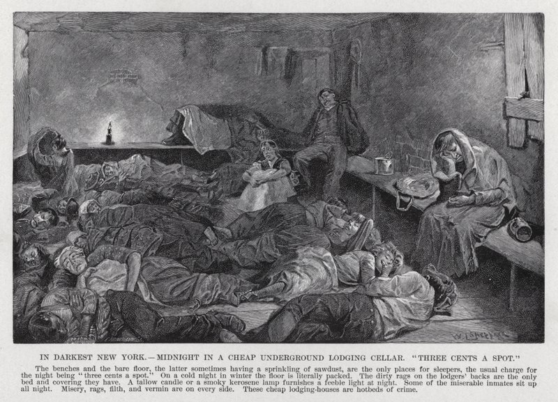 In Darkest New York, Midnight in a Cheap Underground Lodging Cellar, "three cents a spot" (litho) 作： アメリカの学校