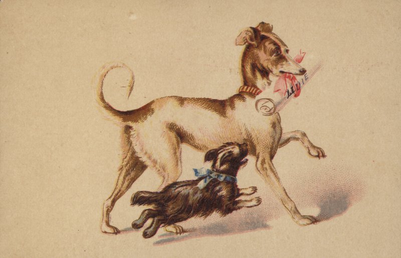 走っている大小の犬 作： アメリカの学校