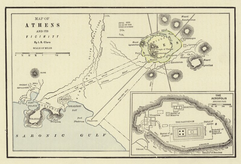 アテネとその周辺の地図。アクロポリス 作： アメリカの学校