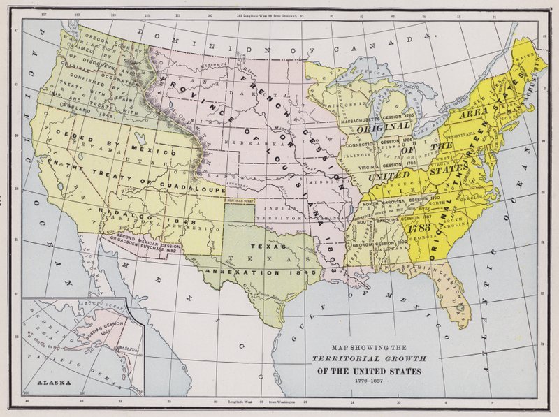 米国の領土拡大を示す地図（彩色された彫刻版