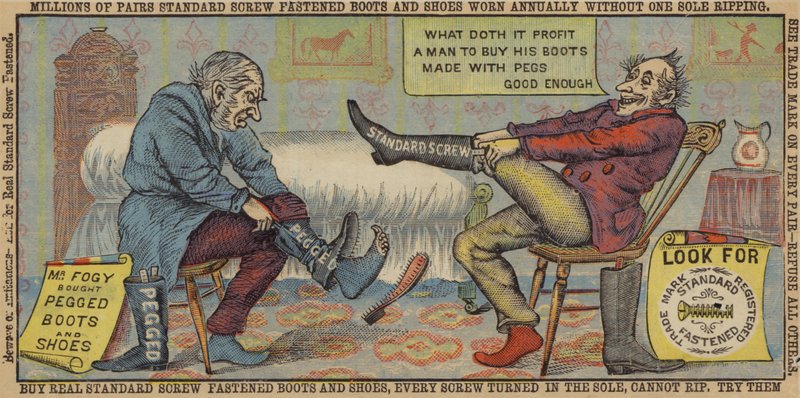 ブーツを試着する老人 作： アメリカの学校