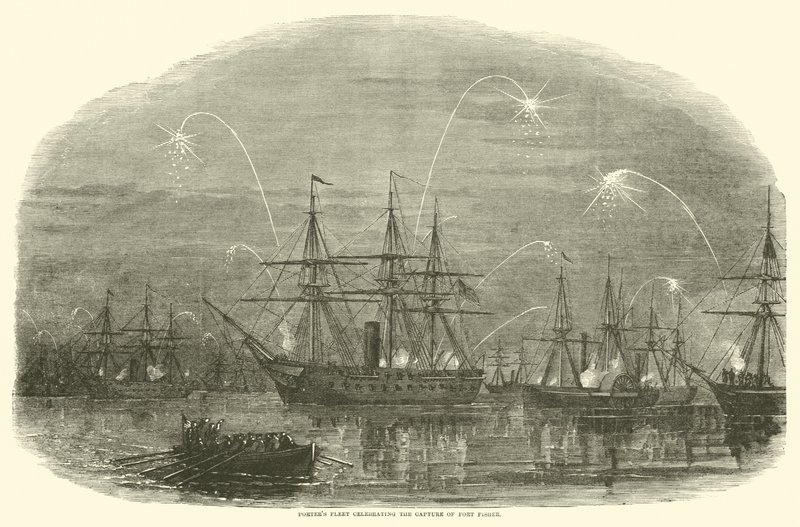 1865年1月、フォートフィッシャーの捕獲を祝うポーター艦隊 作： アメリカの学校